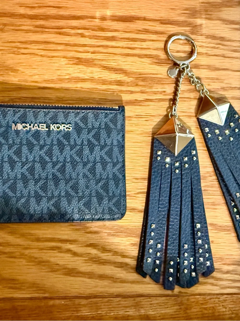 Michael Kors Navy Monogram Card Holder with silver tone purse charm